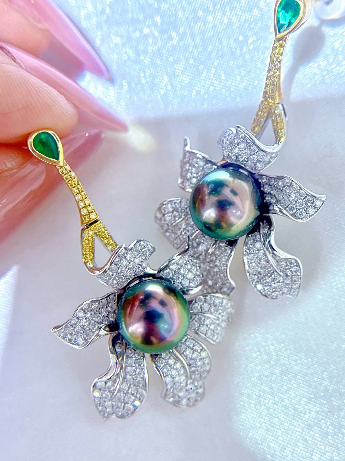 Tahitian Peacock Green Pearl Diamond Earrings