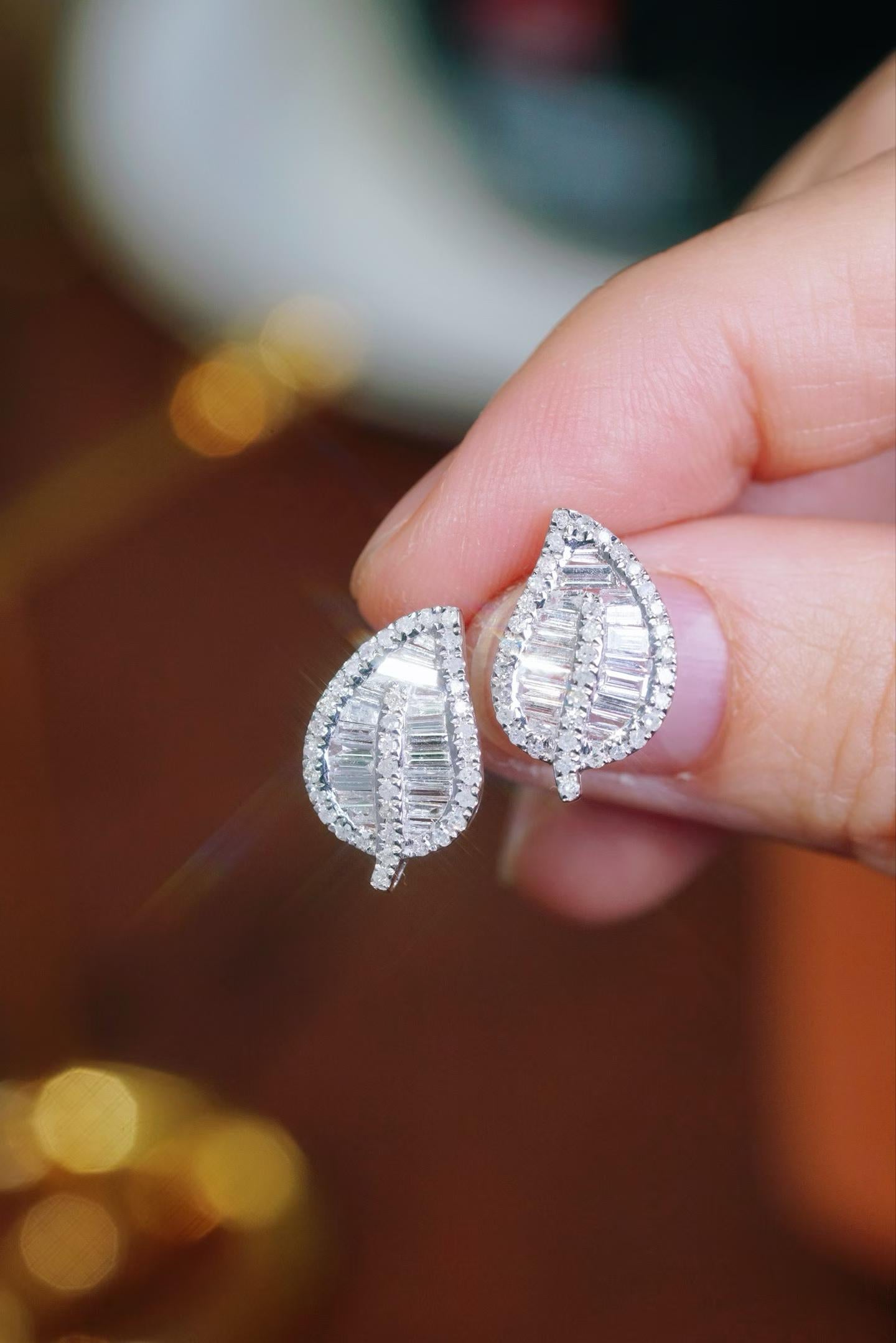 18K Tapered Leaf Diamond Stud Earrings