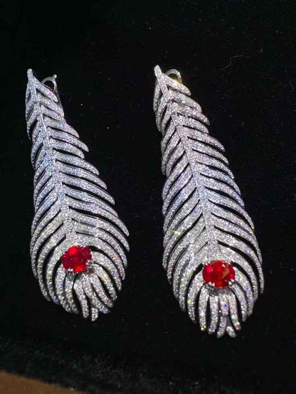 Ruby Feather Drop Earrings with Diamonds in 18K Gold