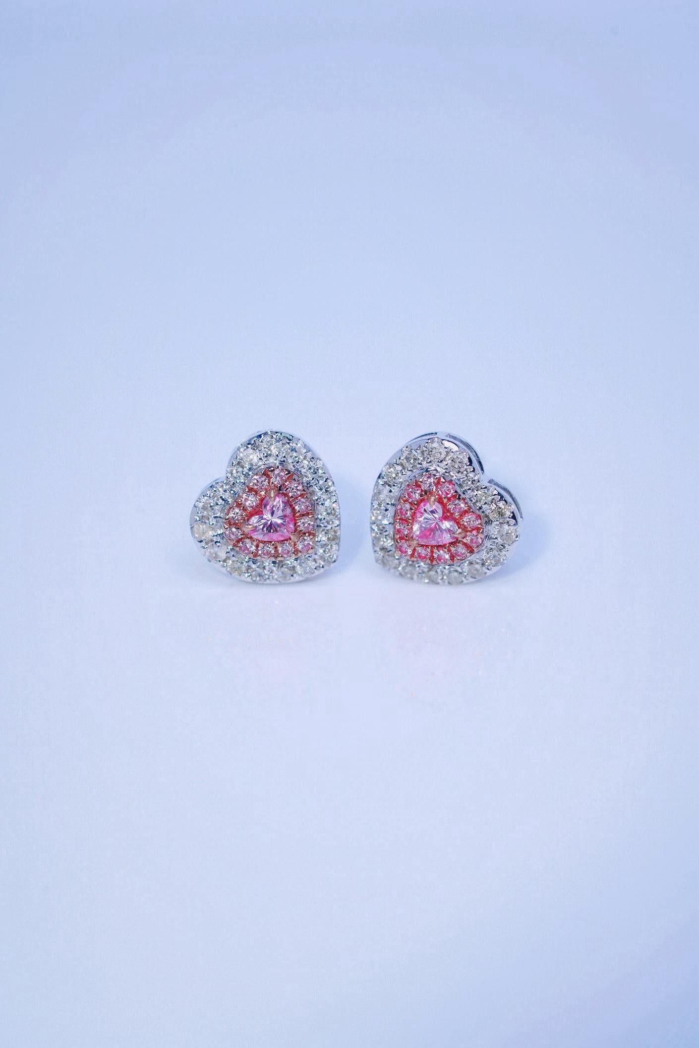 18K Gold Heart-Shaped Pink Diamond Stud Earrings