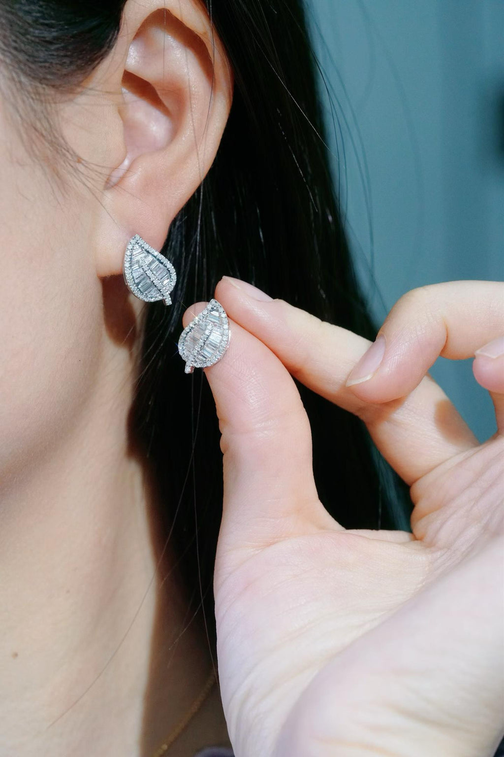 18K Tapered Leaf Diamond Stud Earrings
