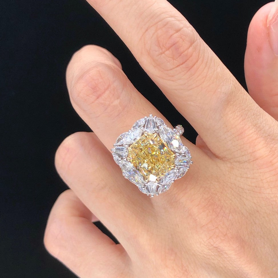 5ct GIA Fancy Yellow and 3ct White Diamond Ring in 18K White Gold by Eze Jewelry