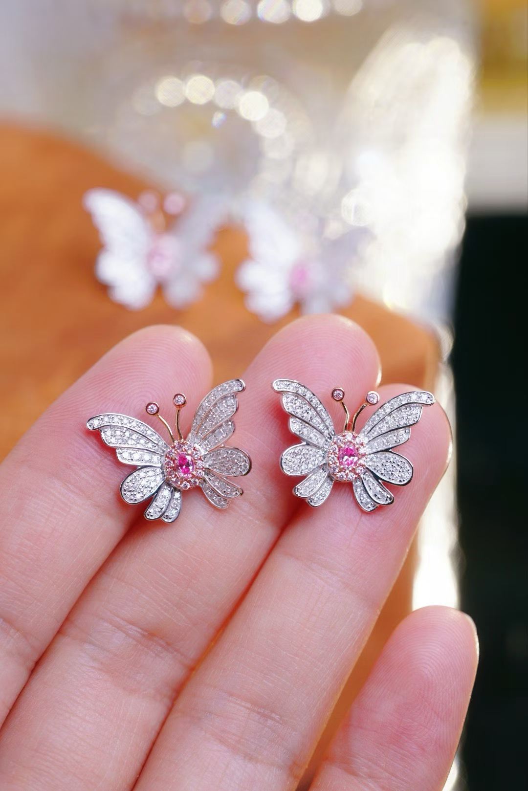 Pink Diamond Butterfly Earrings