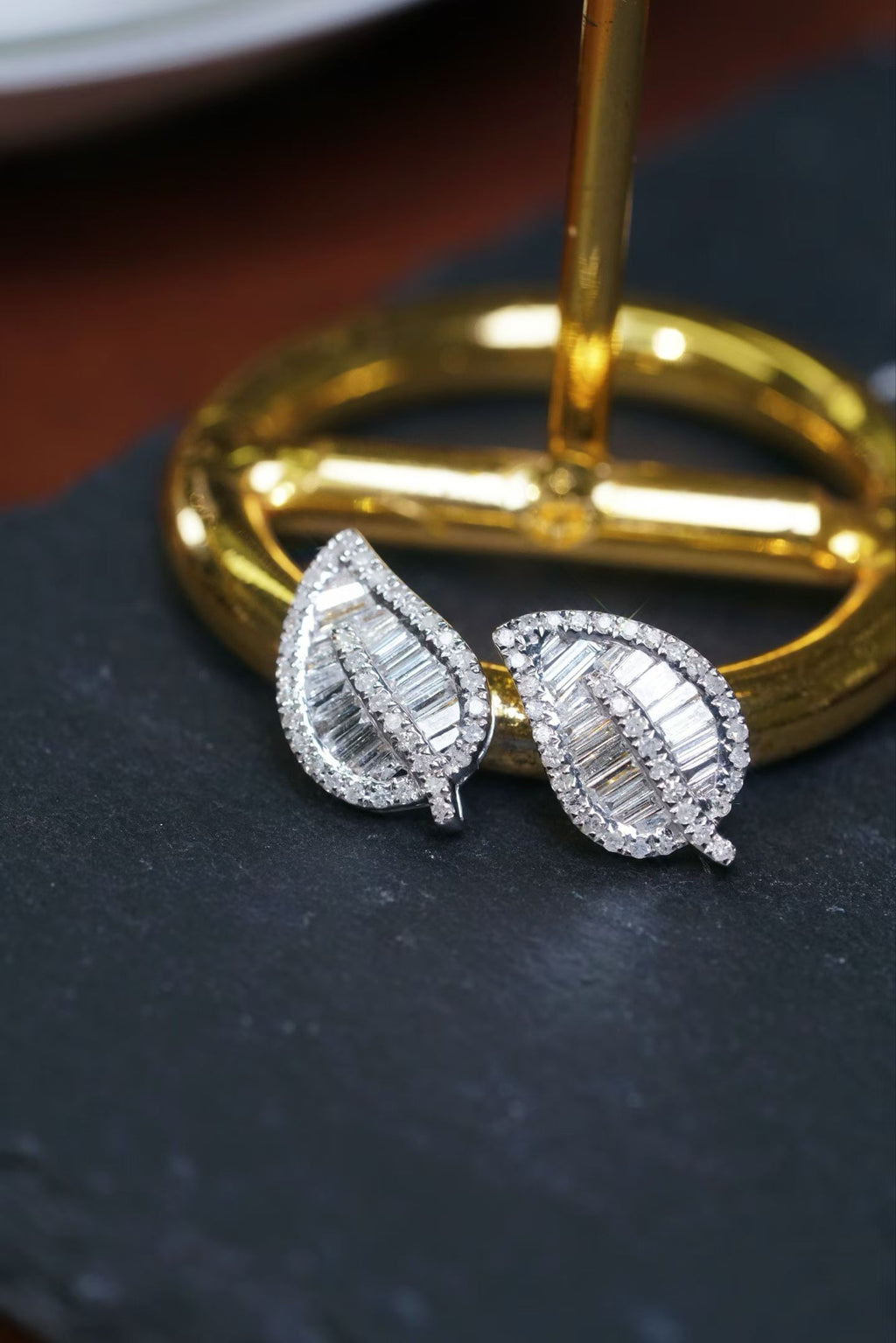 18K Tapered Leaf Diamond Stud Earrings