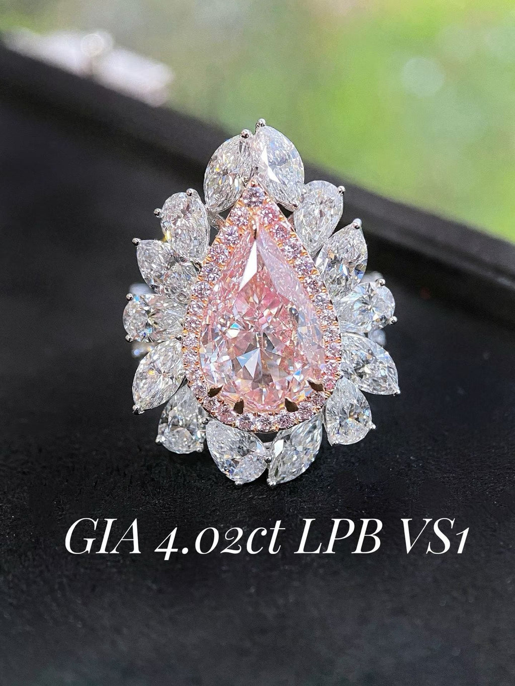 GIA 4ct Fancy Light Pinkish Brown Pear Diamond Halo Ring