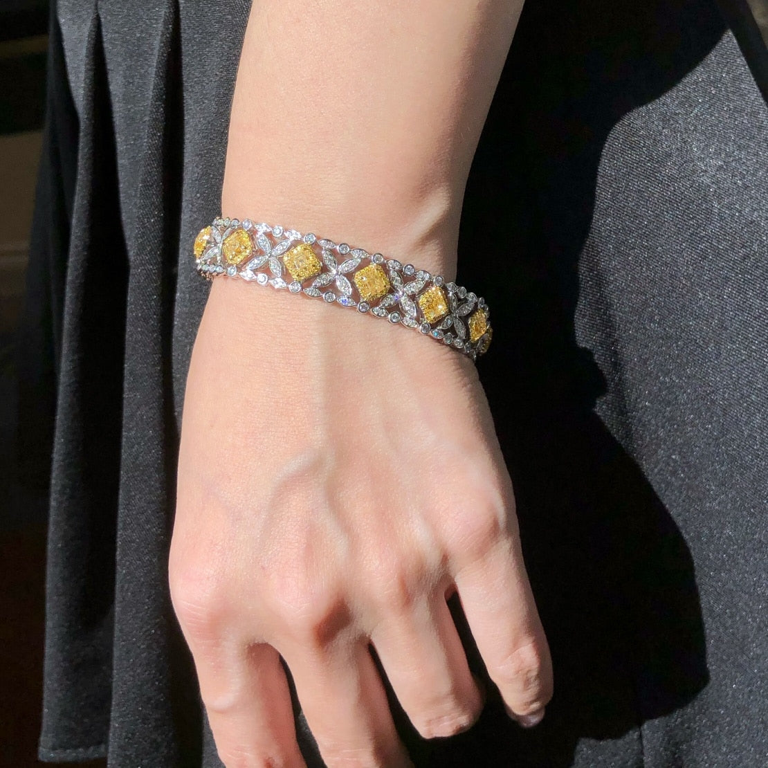 7.30ct Fancy Yellow and 3.46ct White Diamond Bracelet in 18K White Gold by Eze Jewelry