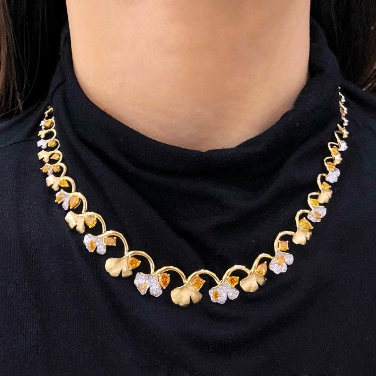7ct Orange Yellow and White Diamond Flower Cocktail Necklace in 18K Gold by Eze Jewelry