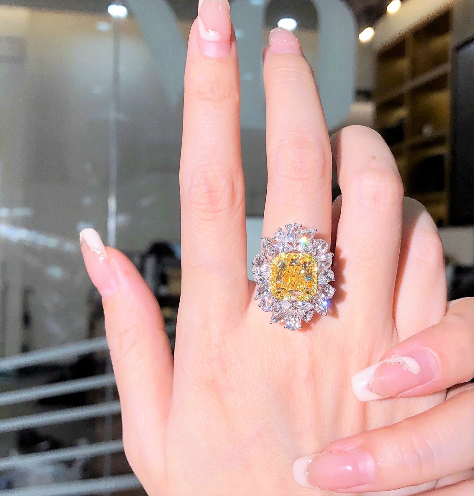“7ct fancy yellow and white diamond GIA engagement ring in 18k gold”