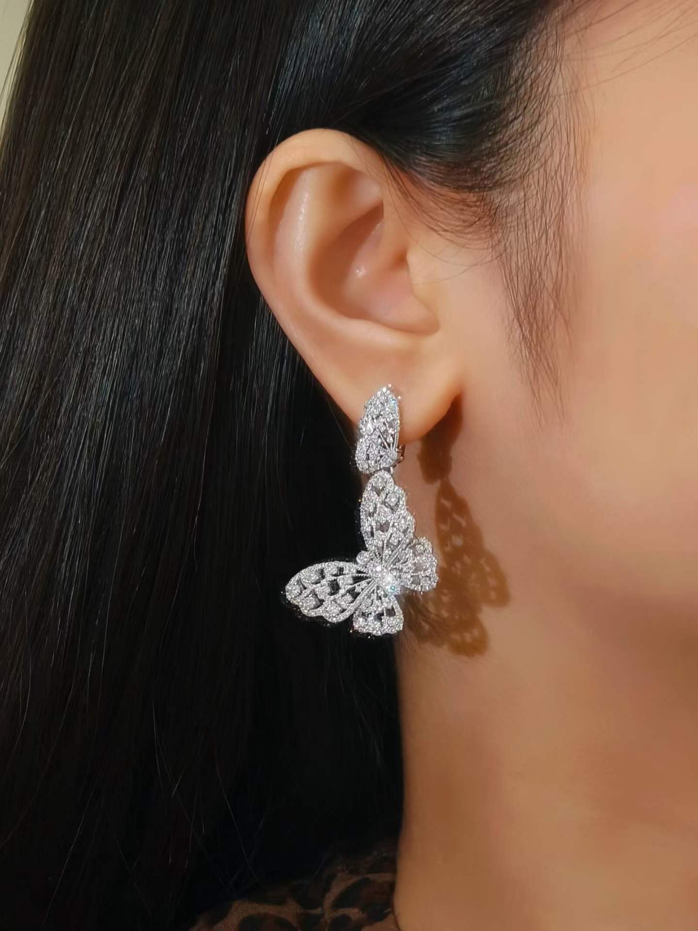 Butterfly Drop Earrings  18K White Gold & Natural Diamonds