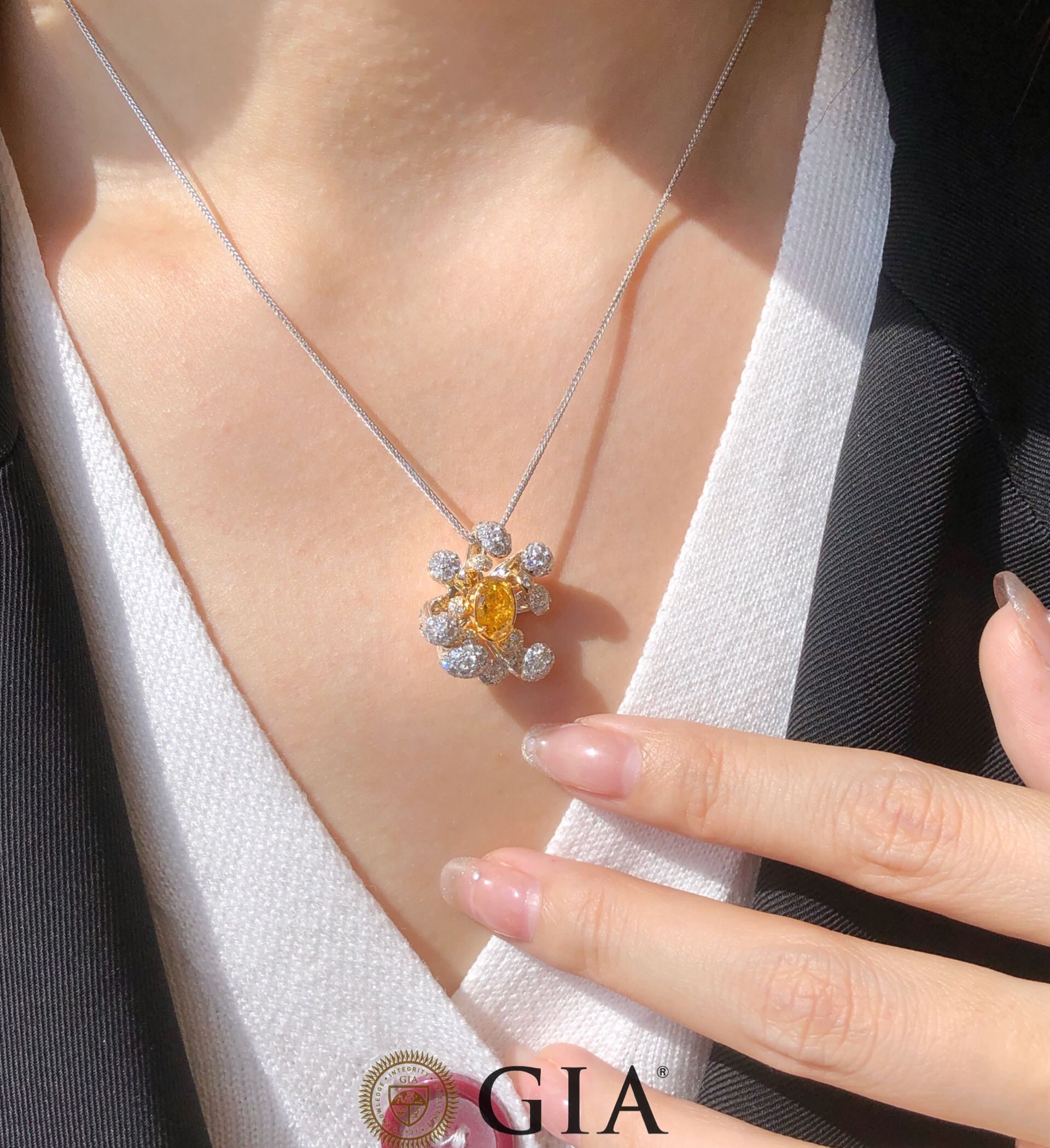 Convertible Medusa Diamond Pendant with GIA Certified 1.11ct Fancy Orange Yellow Diamond and white diamond halo in 18k gold