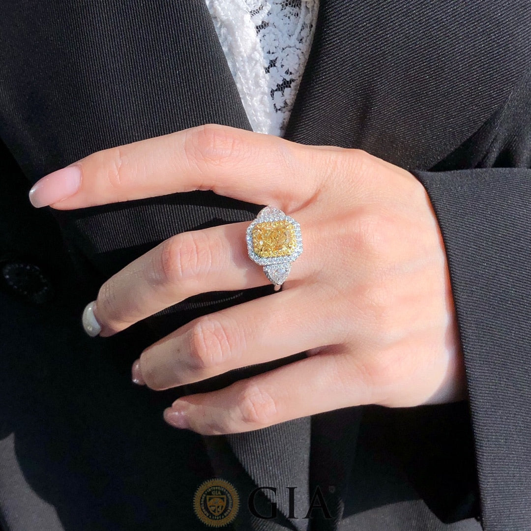 Fancy Yellow 2.15ct Diamond Double Halo Ring with Side Stones in 18K White Gold by Eze Jewelry