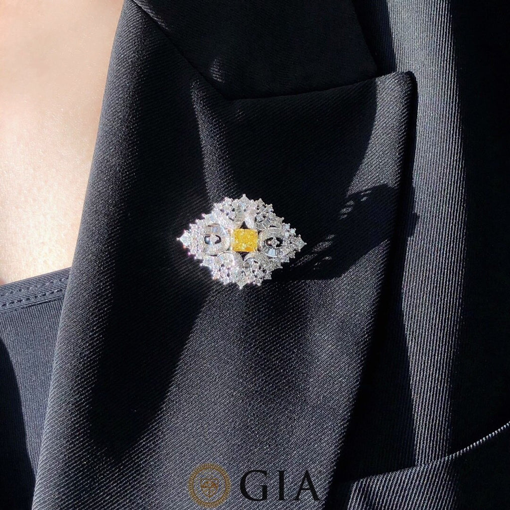 Fancy Yellow and White Diamond Brooch in 18k White Gold