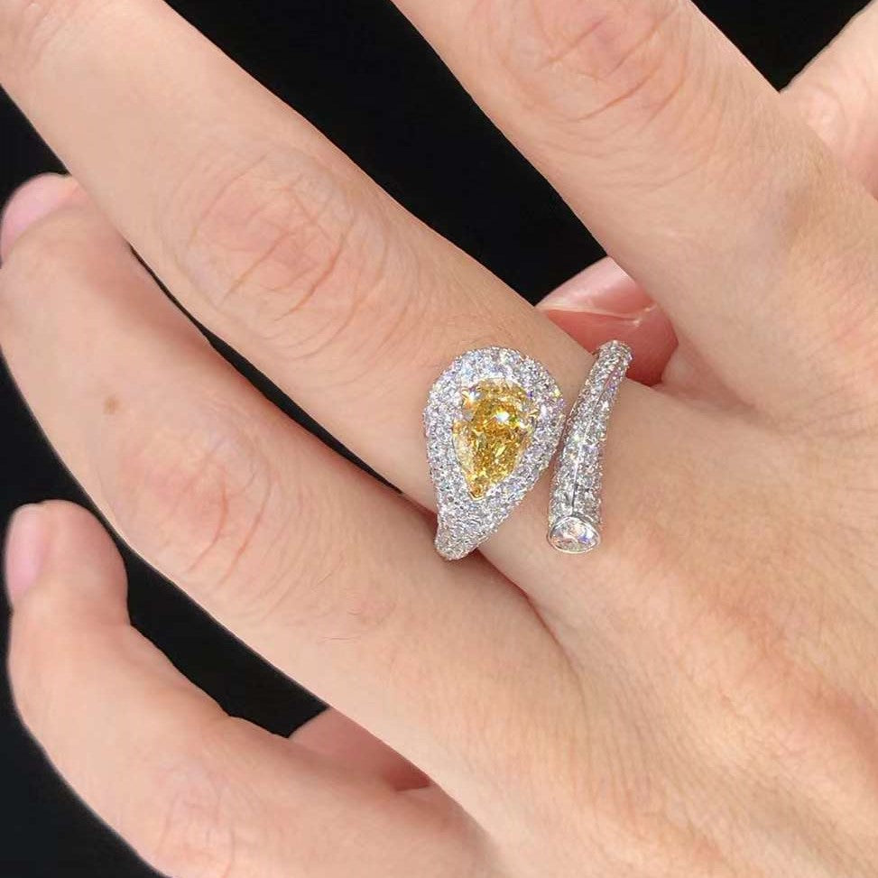 Fancy Yellow and White Diamond Bypass Ring in 18k white gold with 1.02ct and 2.20ct stones