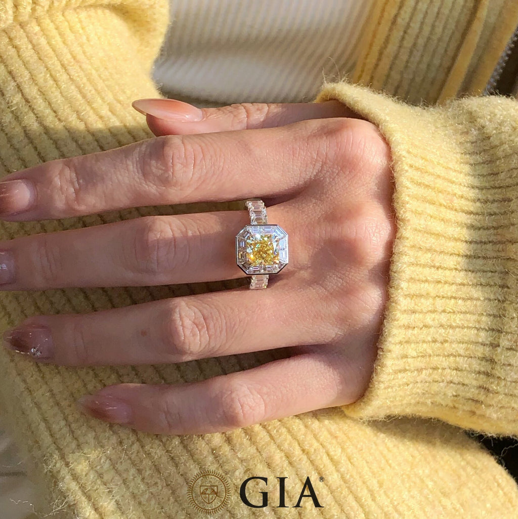 GIA Certified 2.19ct Fancy Intense Yellow Diamond Ring with 4.60ct white diamonds in 18k white gold