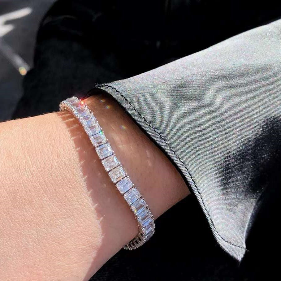 GIA Certified 20ct Emerald Cut Diamond Tennis Bracelet, 40 Diamonds, D–G Color, IF–VS2 Clarity, 18K White Gold