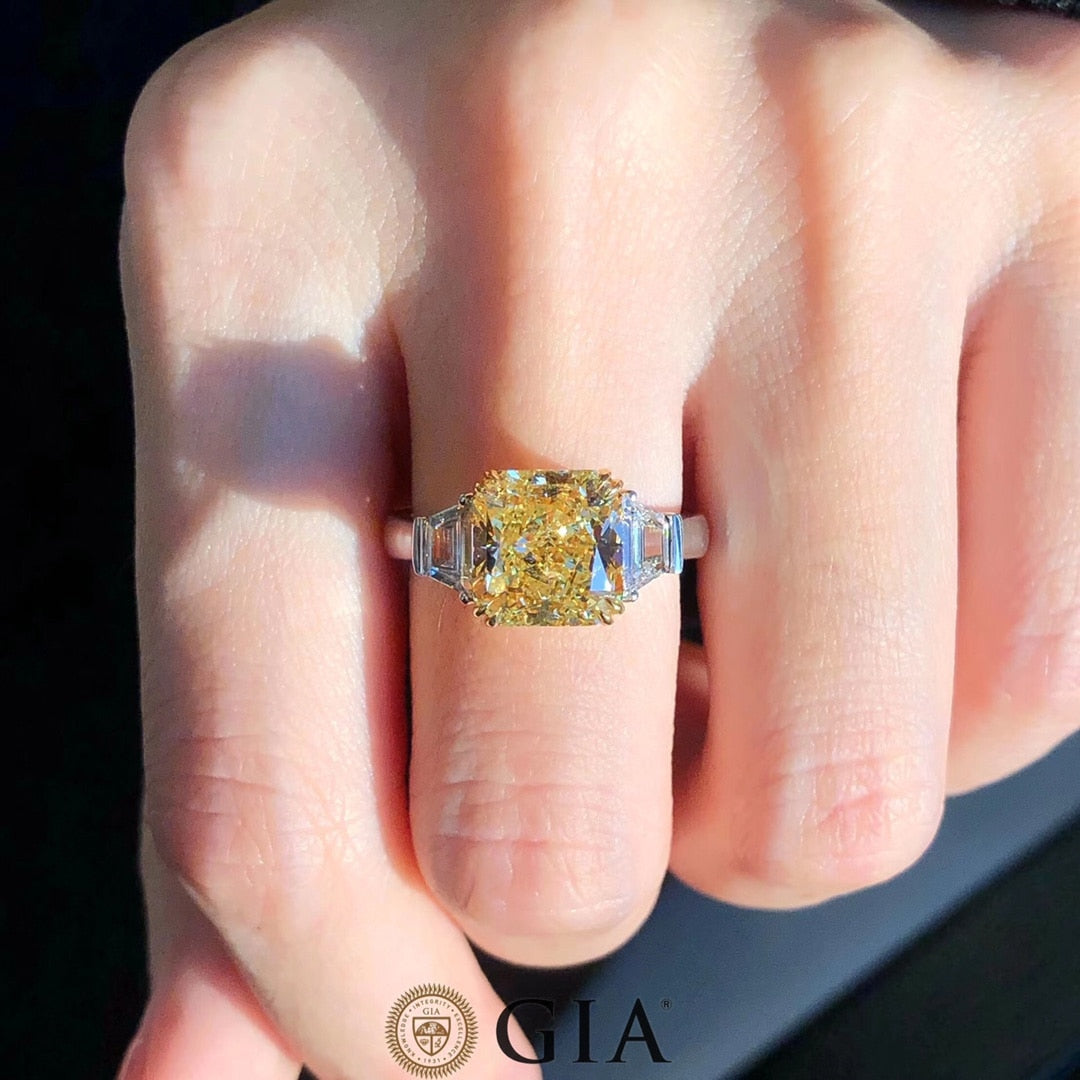 GIA Certified 4ct Fancy Yellow Diamond Three-Stone Engagement Ring in 18k White Gold