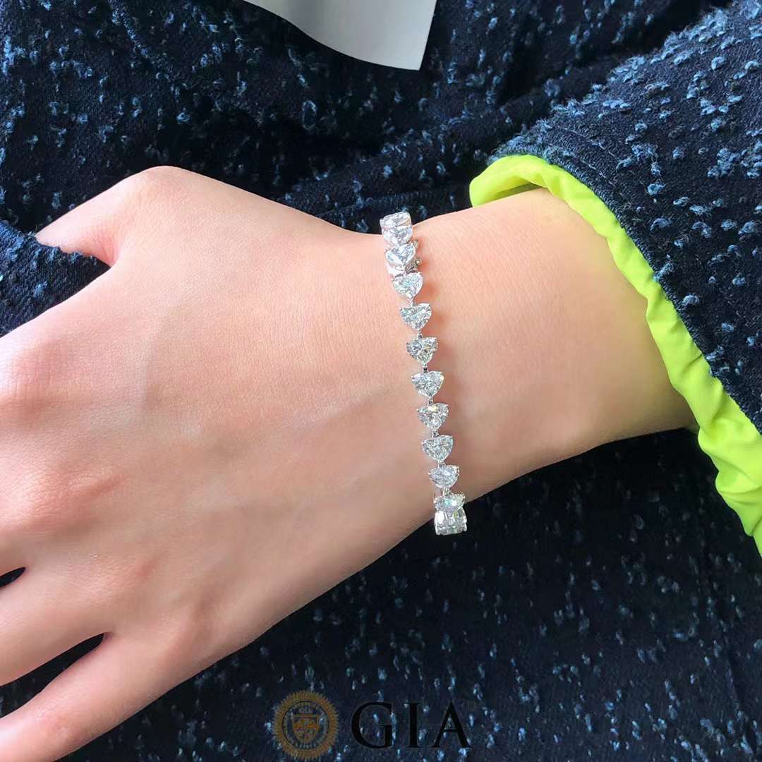 GIA Certified Diamond Heart Tennis Bracelet in 18K White Gold, 27 Heart-Shaped Diamonds, 13.50ct Total, D-E-F-G Color, VS-VVS Clarity