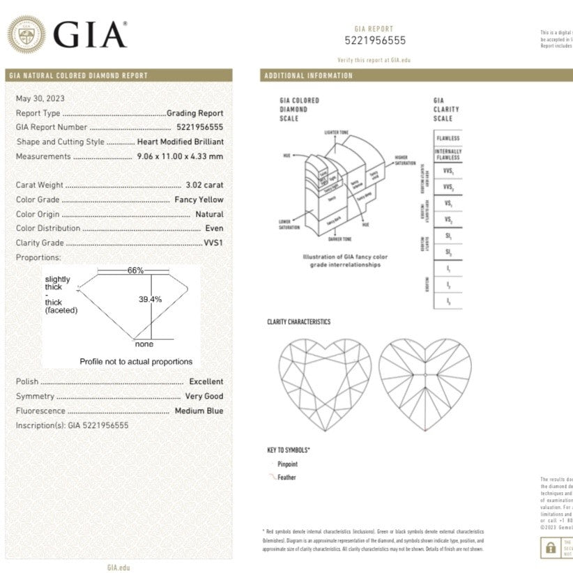  GIA certification for 3.02ct fancy yellow heart diamond featured in Eze Jewelry halo ring.