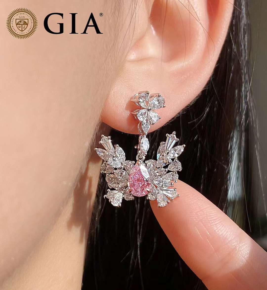 Faint Pink Pear Diamond Drop Earrings GIA Certified