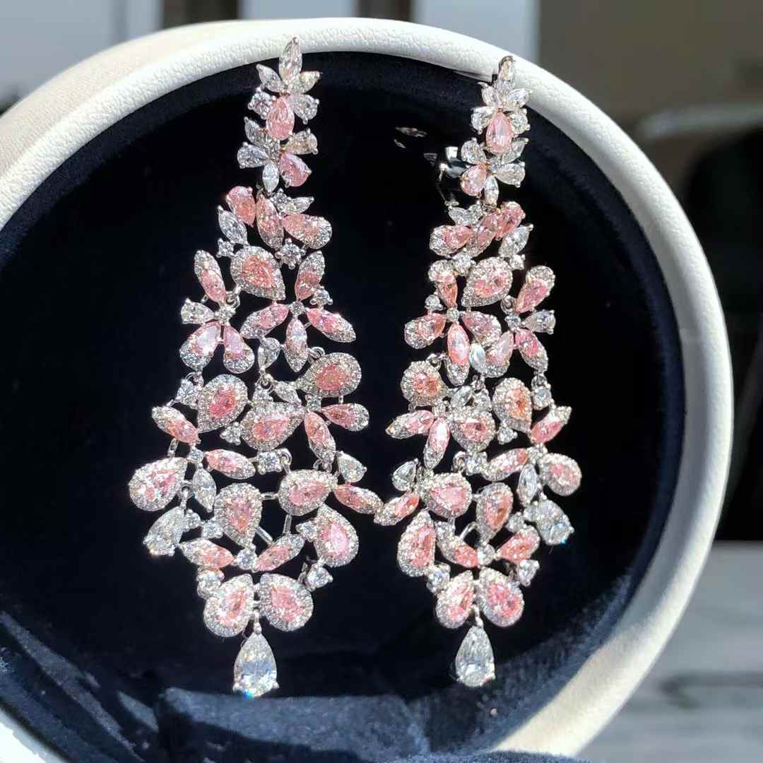 Pink and White Diamond Dangle Earrings