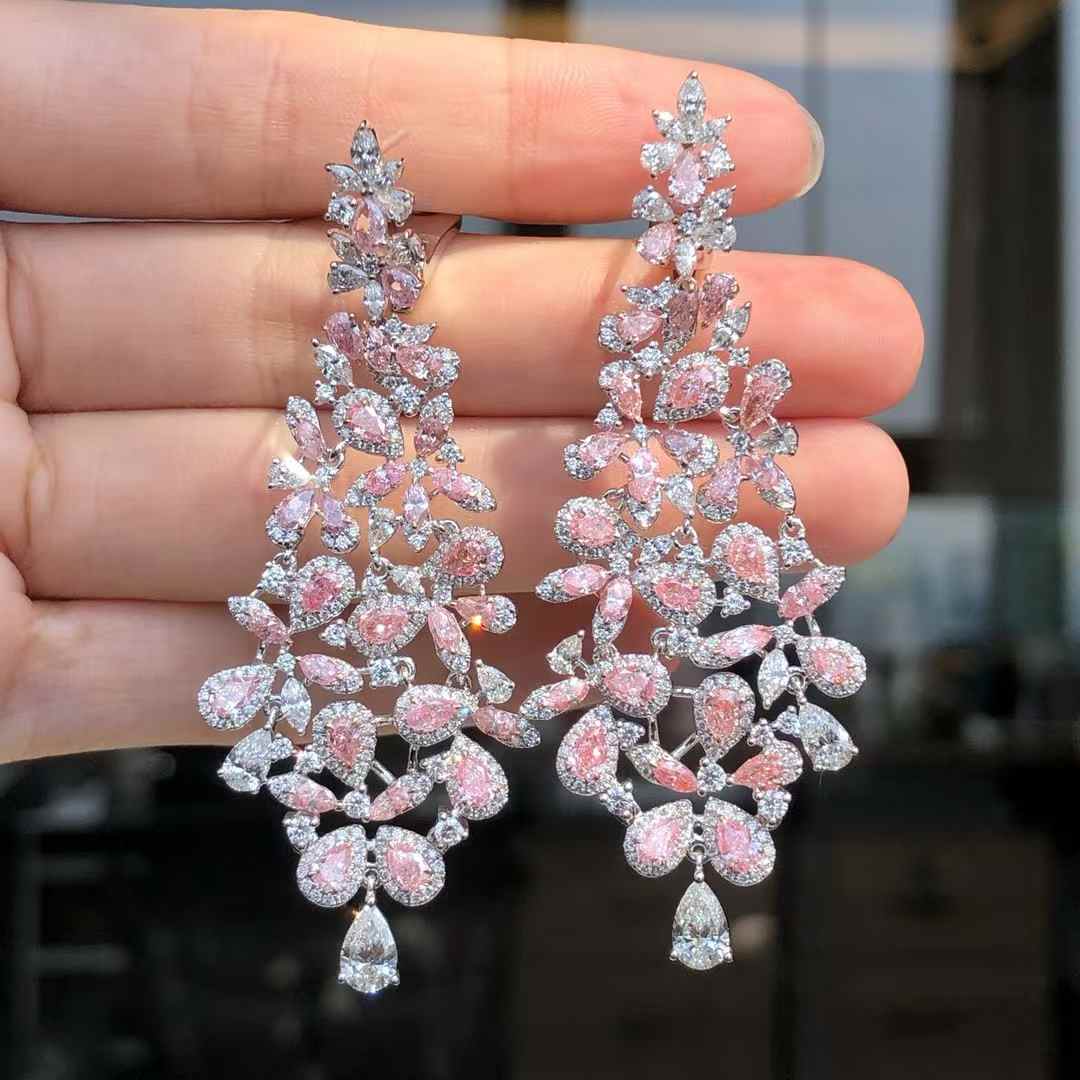 Pink and White Diamond Dangle Earrings