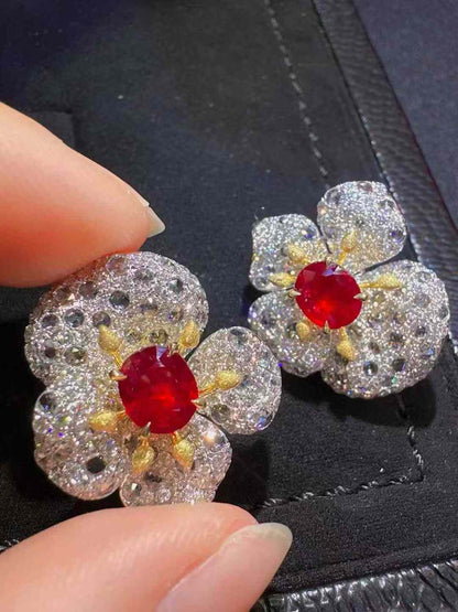 Floral Diamond Earrings with 2.5-Carat Ruby and 3-Carat Diamonds in 18K Gold