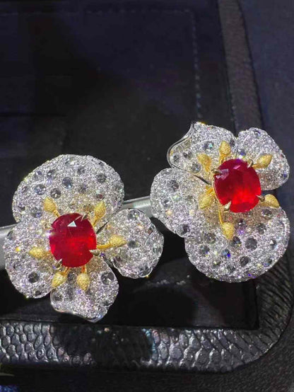 Floral Diamond Earrings with 2.5-Carat Ruby and 3-Carat Diamonds in 18K Gold