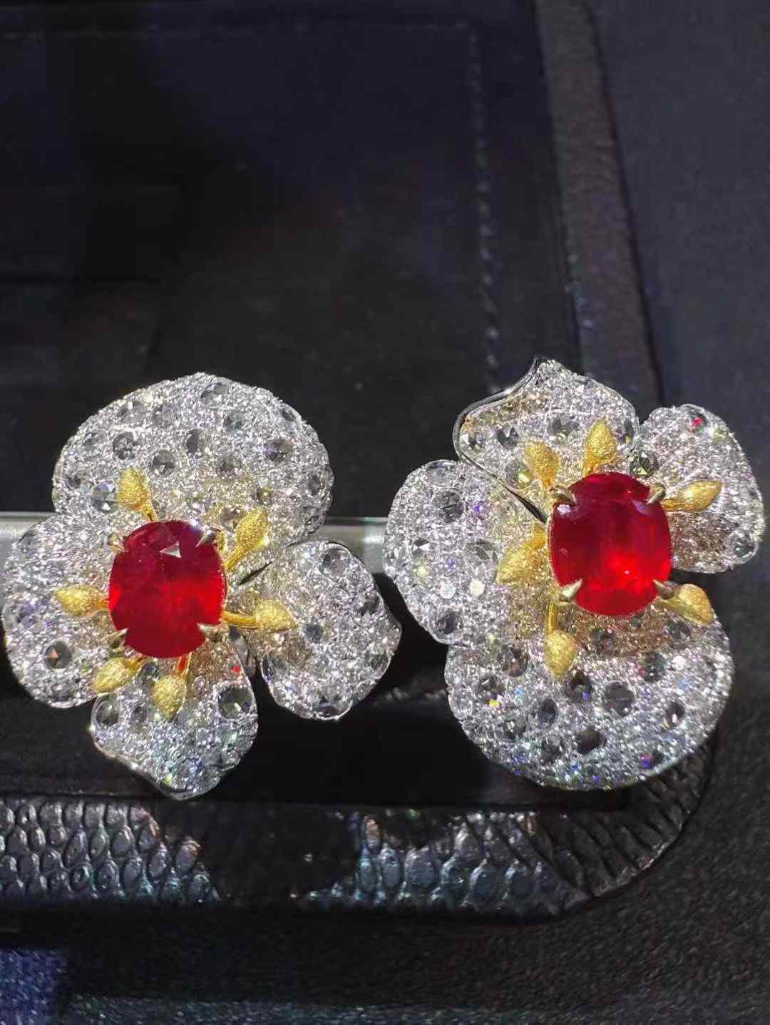Floral Diamond Earrings with 2.5-Carat Ruby and 3-Carat Diamonds in 18K Gold