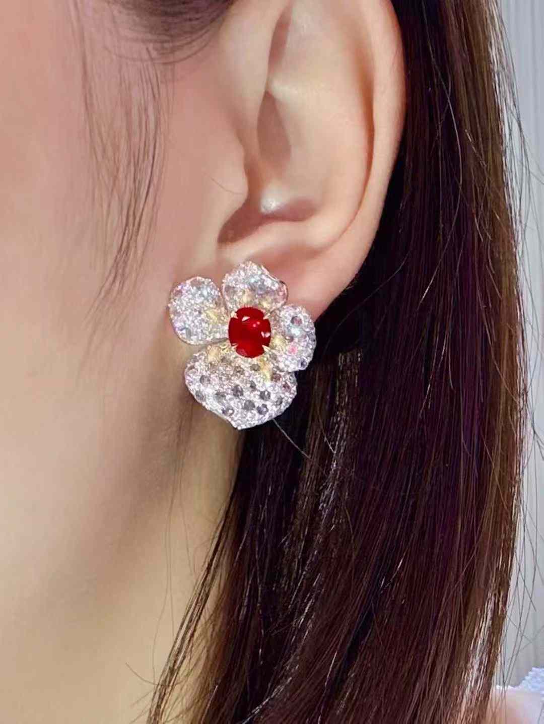 Floral Diamond Earrings with 2.5-Carat Ruby and 3-Carat Diamonds in 18K Gold