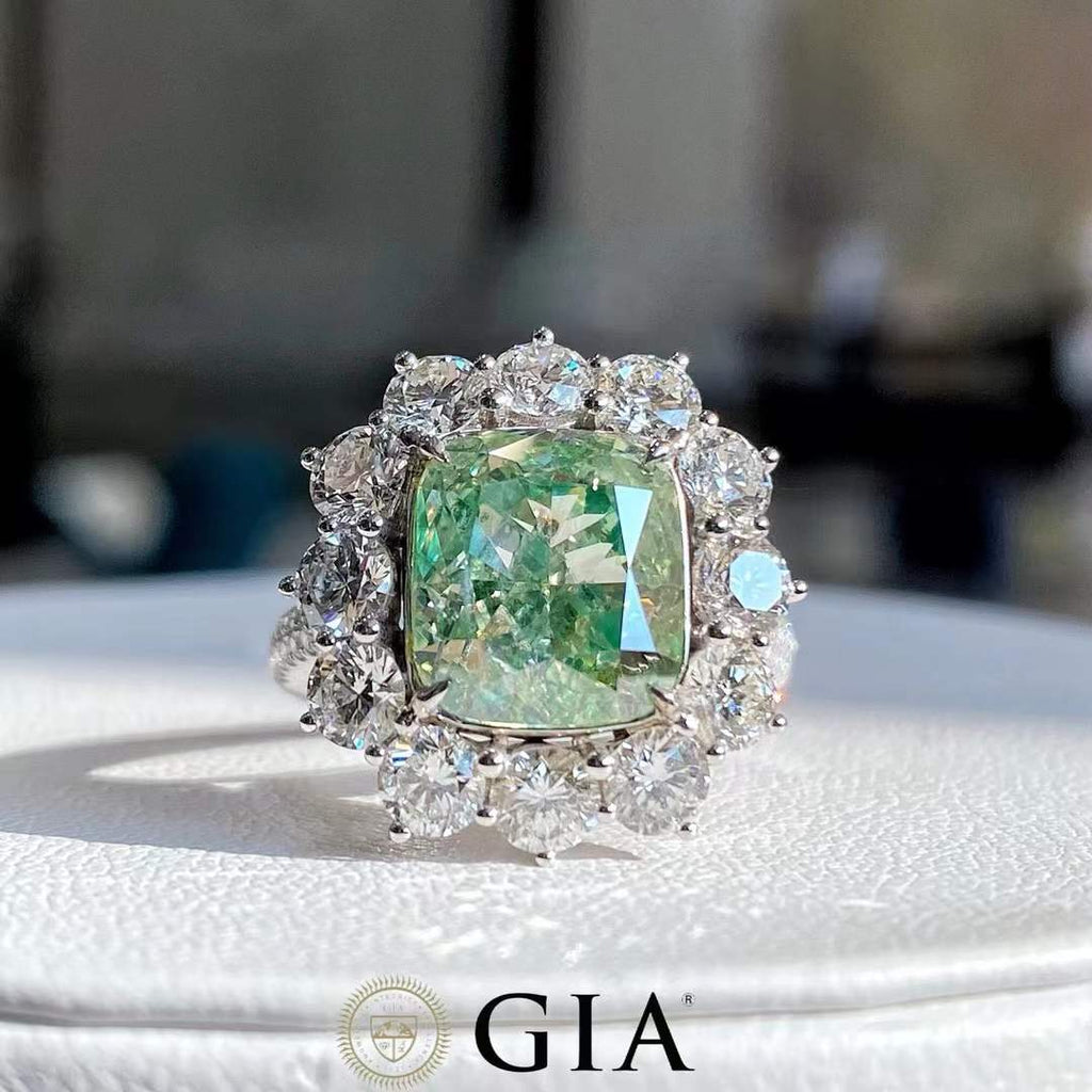 GIA 5.01ct Green Diamond Ring with 2.33ct Round White Diamonds