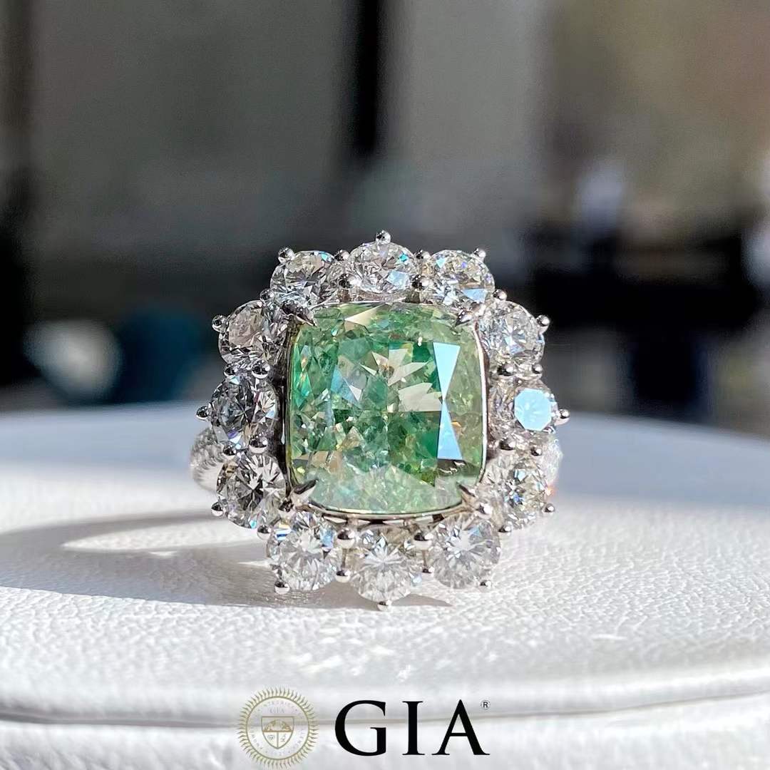 GIA 5.01ct Green Diamond Ring with 2.33ct Round White Diamonds