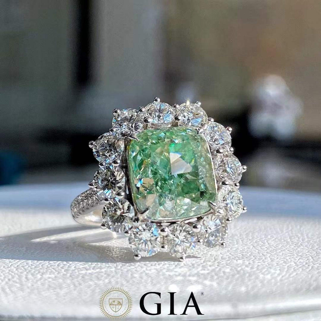 GIA 5.01ct Green Diamond Ring with 2.33ct Round White Diamonds
