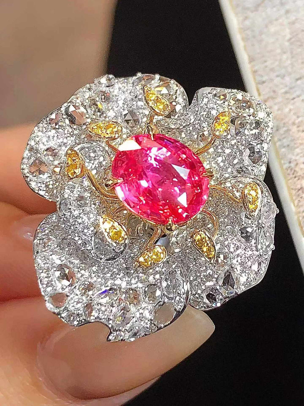 GRS Certified 2.60ct Padparadscha Sapphire Flower Cocktail Ring