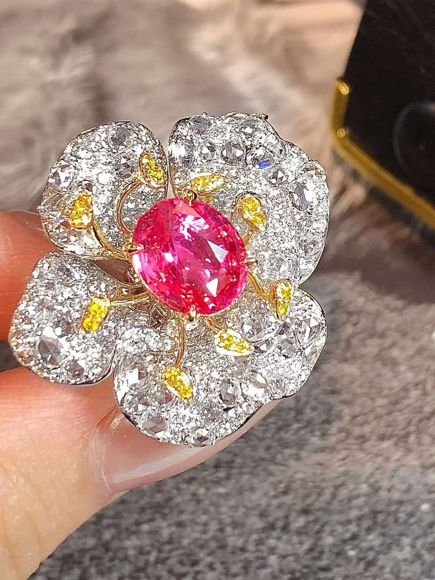 GRS Certified 2.60ct Padparadscha Sapphire Flower Cocktail Ring