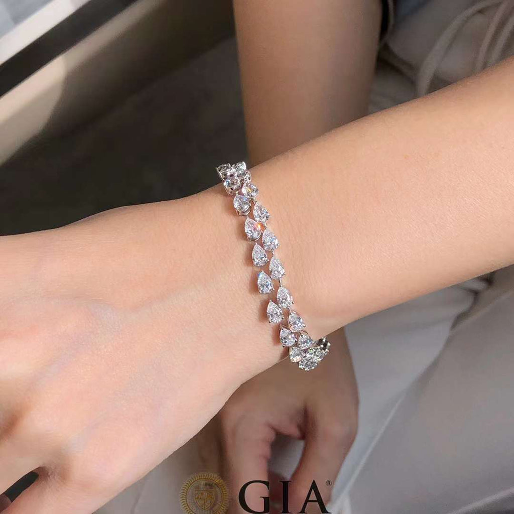 Pear Shape White Diamond Tennis Bracelet, 13.80ct, 18K White Gold, GIA Certified, 0.30ct Pear Diamonds