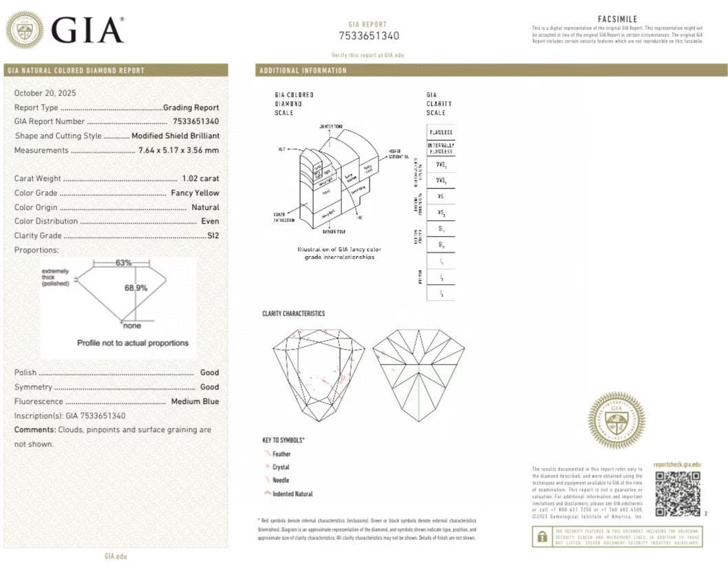 1.02 Carat Fancy Yellow Diamond Ring with 0.49 Carat Side Stones