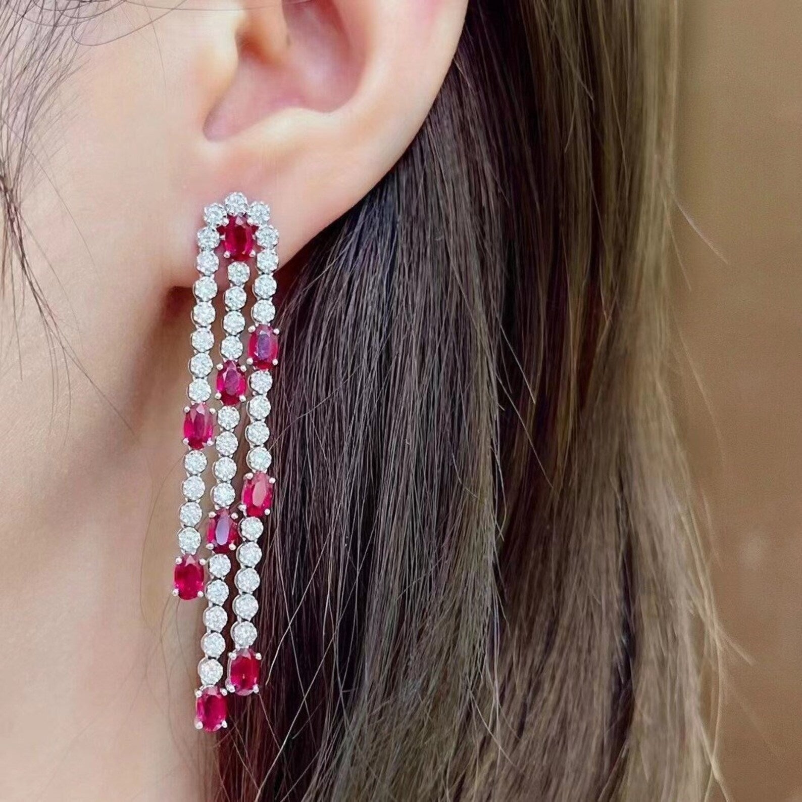 Natural Ruby and Natural Diamond Drop Earrings in 18k White Gold