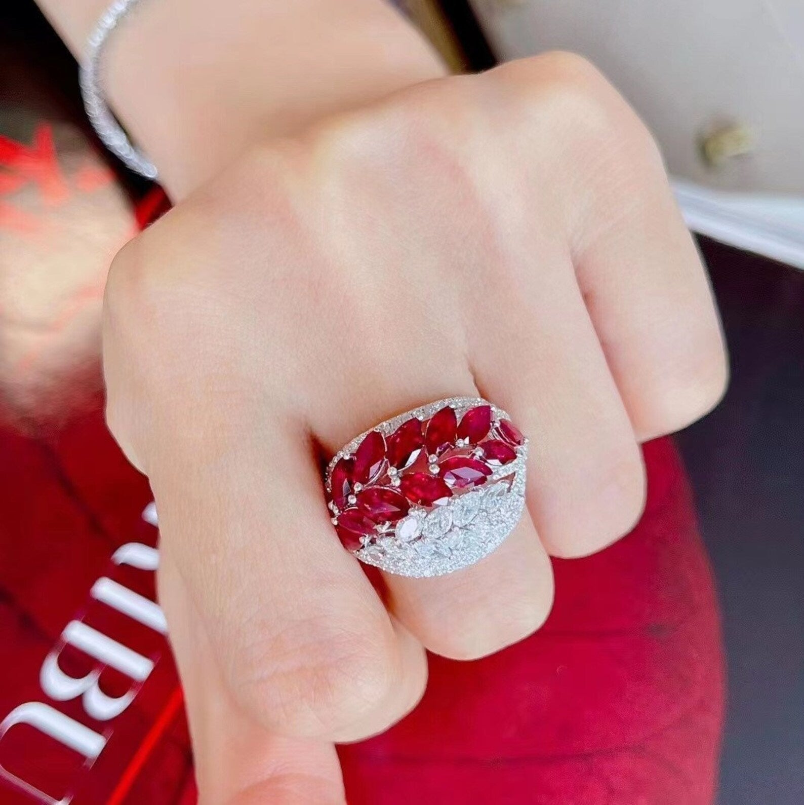 Marquise Ruby Diamond Ring in 18k White Gold