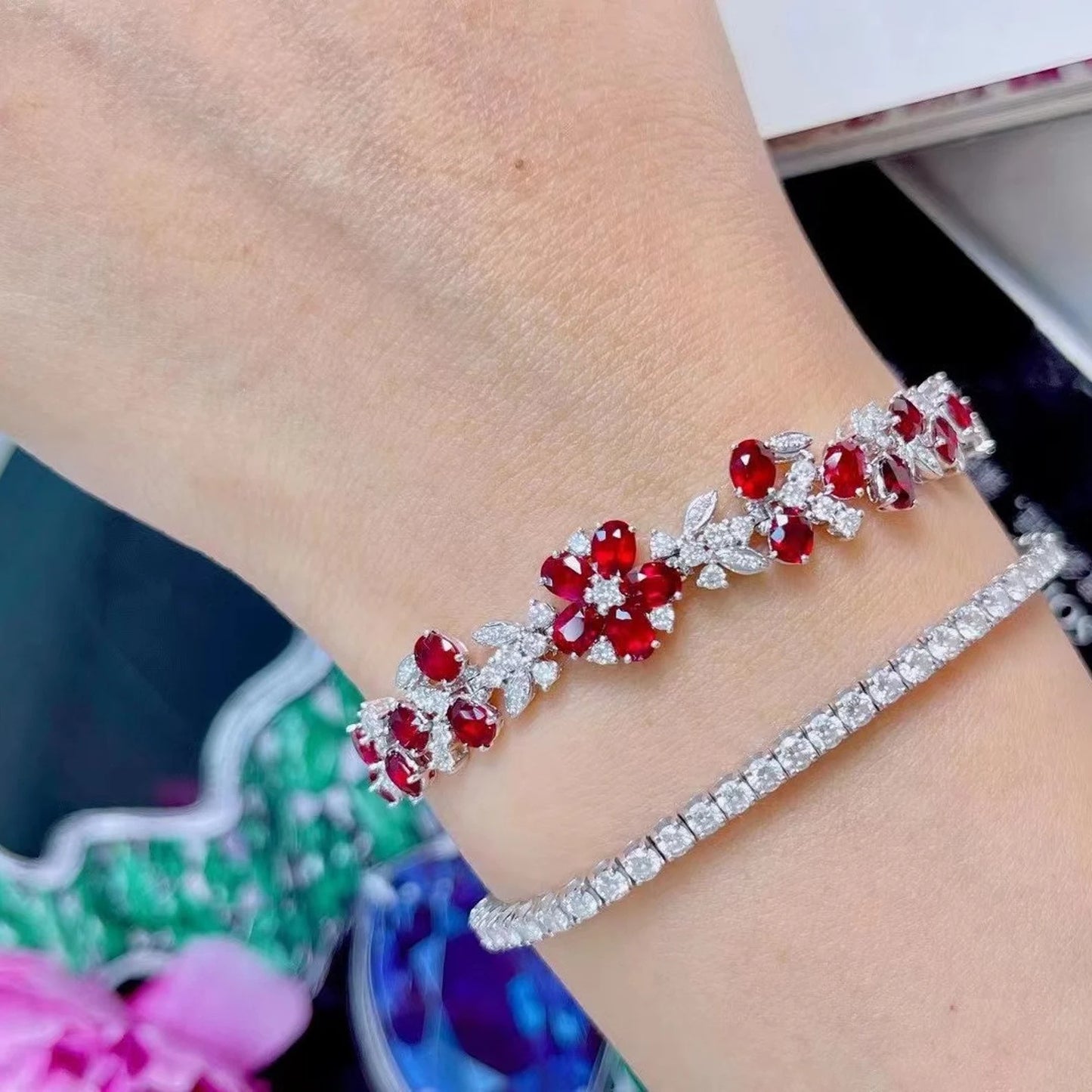 Ruby & Diamond Flower Bracelet
