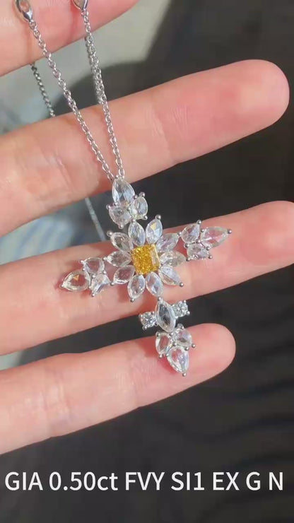 Vivid Yellow Diamond Cross Necklace