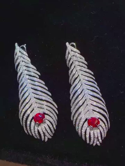 Ruby Feather Drop Earrings with Diamonds in 18K Gold