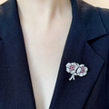 natural flower diamond brooch with ruby in 18k white gold