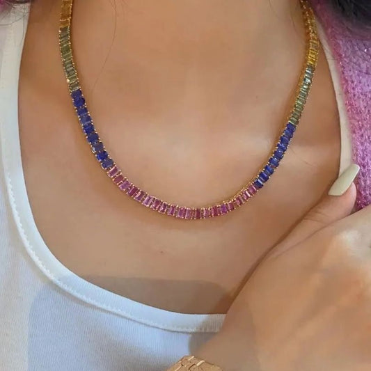 rainbow sapphire tennis necklace in 18k gold